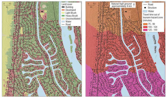Landcover map (left) and pedestrian evacuation time estimate map (right) Ocean Shores, Wash.