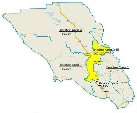 A map showing the current five SRJC Trustee districts and their populatiuon totals, with 3-4-5 highlighted in yellow